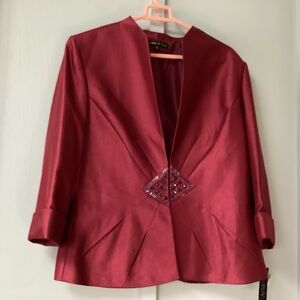 Preston & York Size 14 Sequins Hook Lined Suit Blazer Red Burgundy Satin New